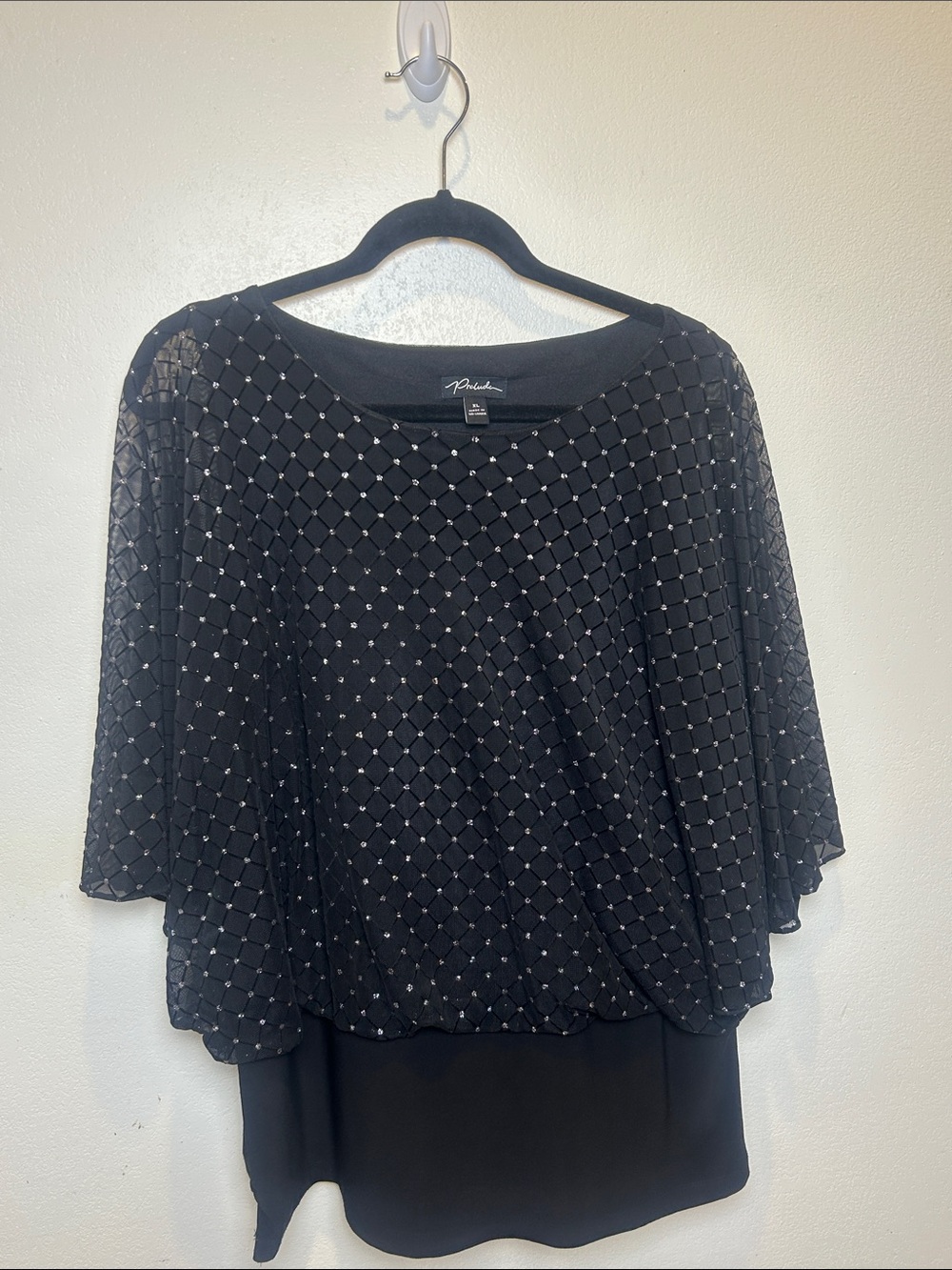 Prelude Black Rhinestone Mesh Bell Sleeve Evening Blouse XL